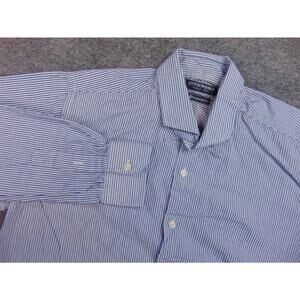 Cotton & Silk Shirt Mens Large 43 Blue White Striped Long Sleeve Button Front